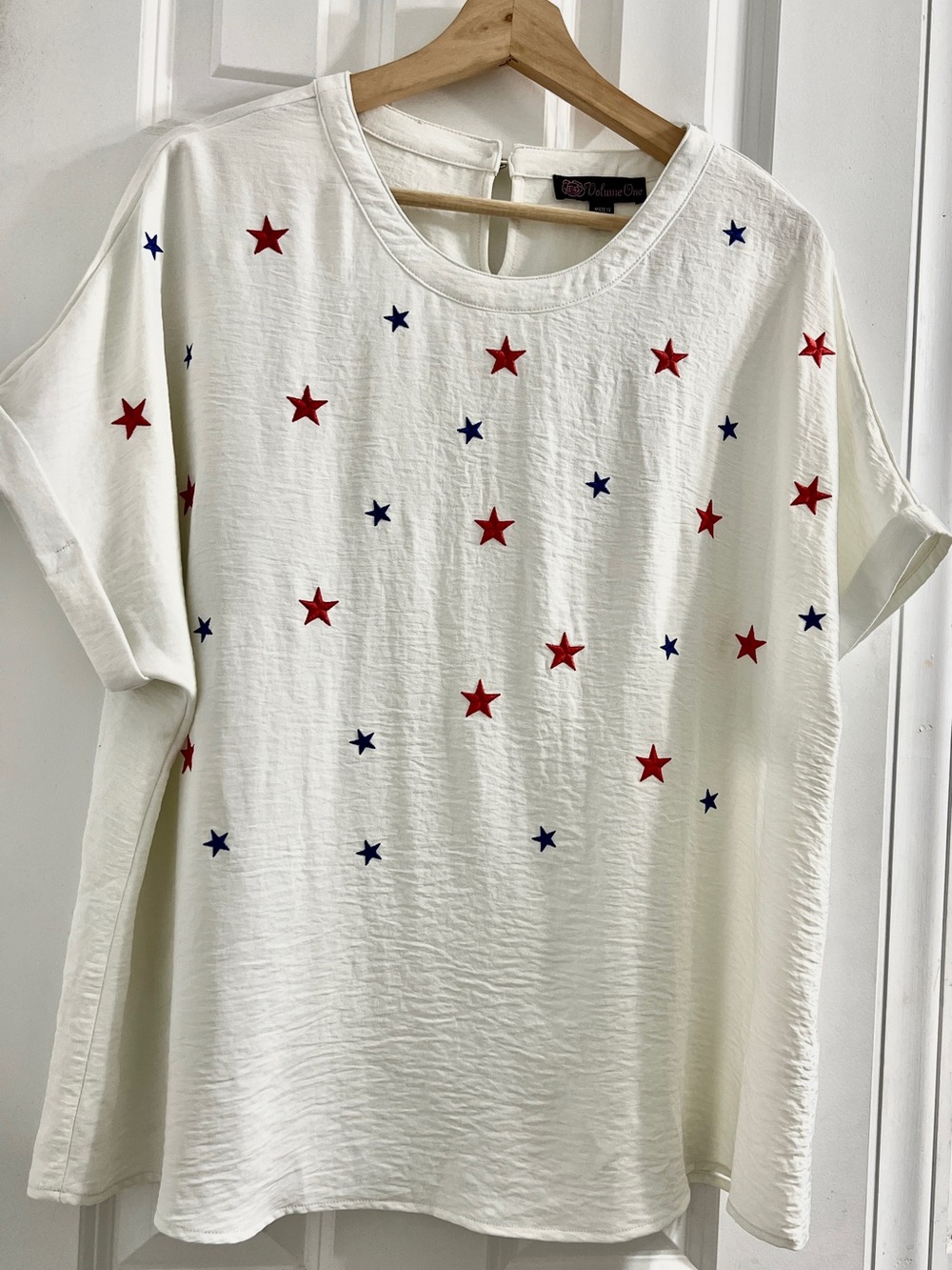 🇺🇸White Patriotic USA Stars Embroidered Cap Sleeve Blouse XL Red, White & Blue 🌟